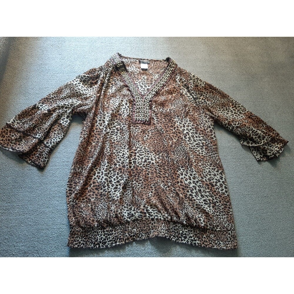 Evolution 3/4 sleeve top Cheetah pattern womens 2X Brown XXL embellished